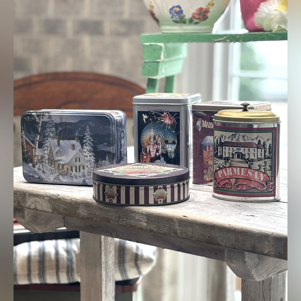5 Vintage Collectible Metal Display Tins. Maxwell House Disney Fruit Preserves
